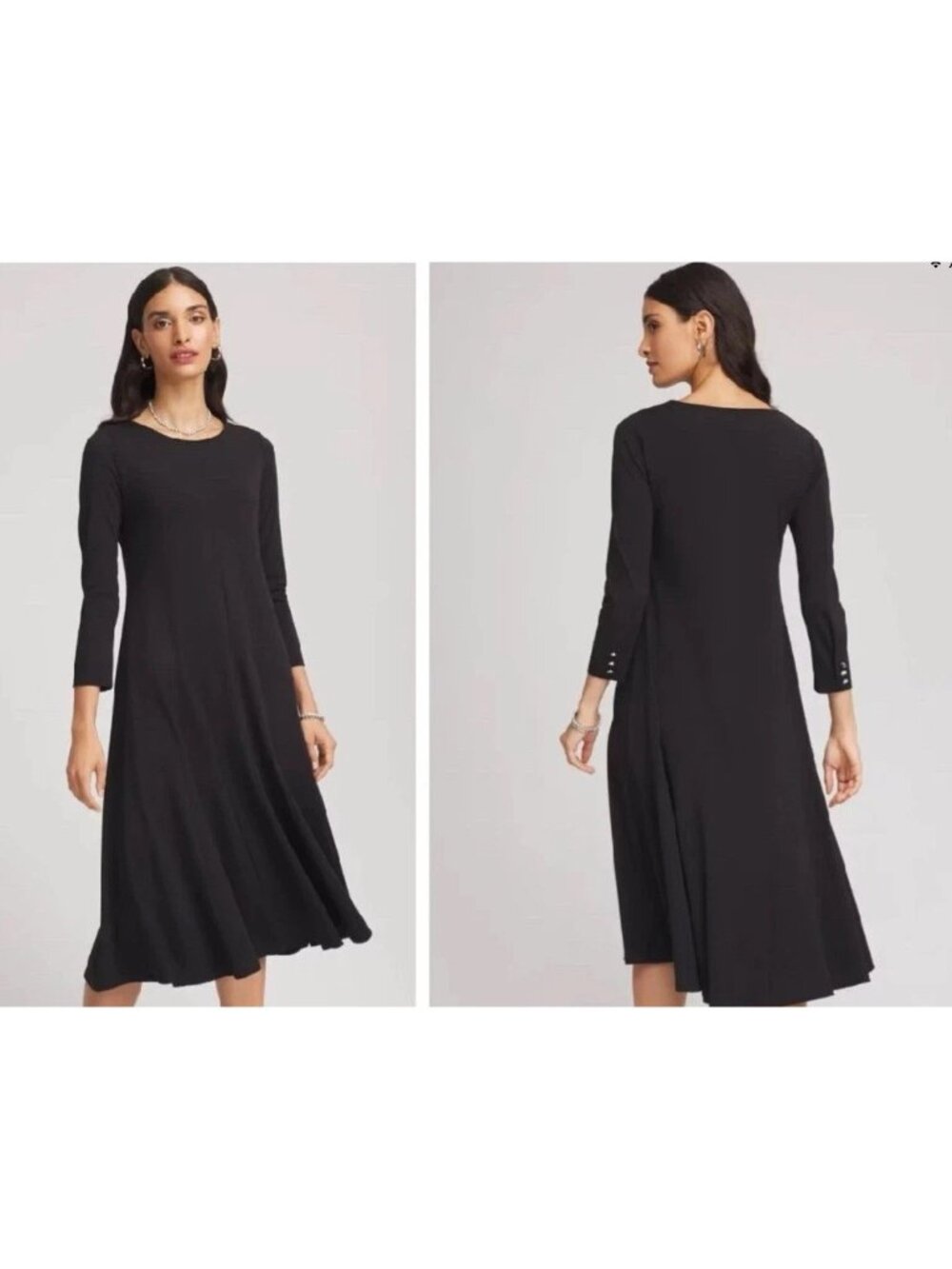 Chicos NWT Women's Size 2 Black Midi Dress Godet Ponte Flare Silver Button Large